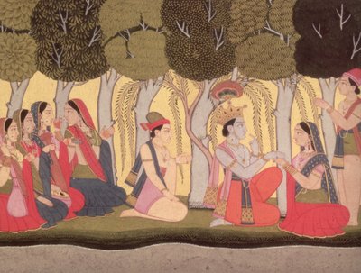Radha y Krishna sentados en un bosque, Kulu, 1790-1800 de Pahari School